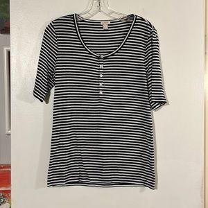 J. Crew black/white short sleeve shirt round neck with Henley button detail